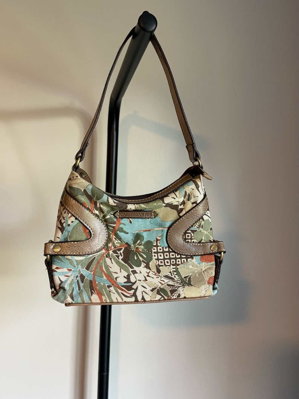 Caribbean Joe Floral Canvas Shoulder Bag Teal Green Brown Vintage Tropical Bag
